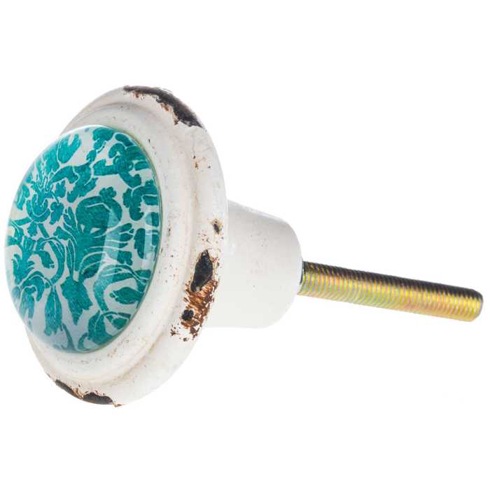 White Pewter Knob with Turquoise Damask Center Hobby Lobby 1023985